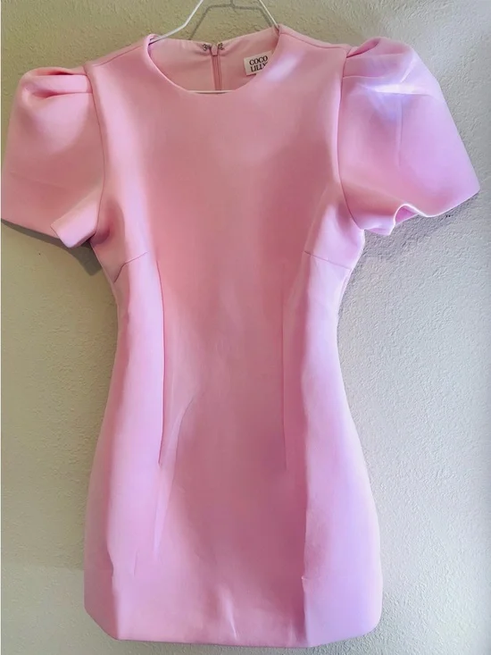 Women's Pink Puff-Sleeve Mini Dress - Picture 2 of 5